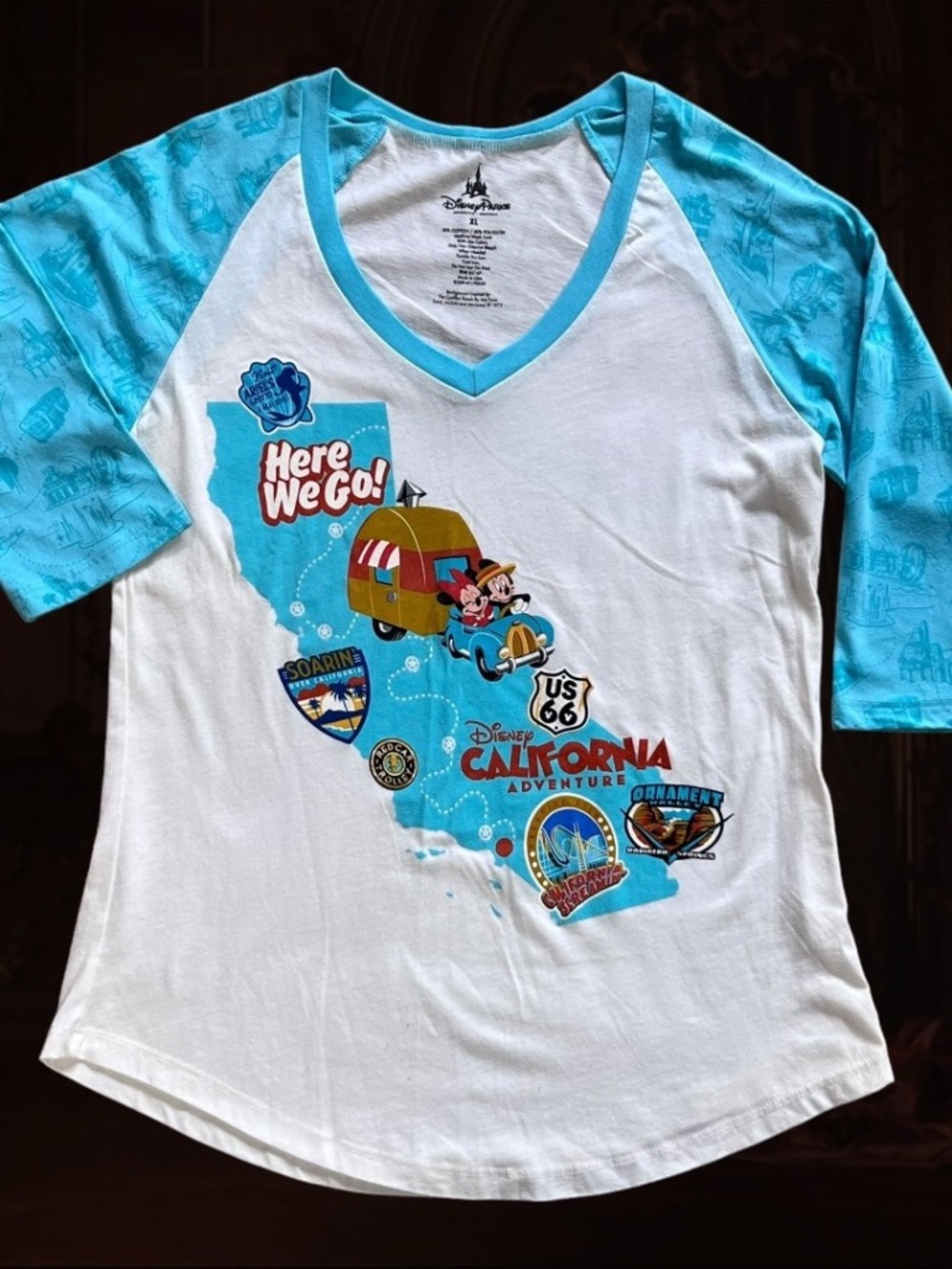 Disney California Adventure "Here We Go" RT66 Raglan Ringer 3/4 Sleeve T-Shirt L